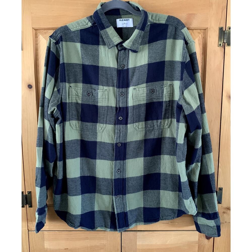 Men's Flannel Shirt Buffalo Check Old Navy Green Navy Double Brushed Flannel XL